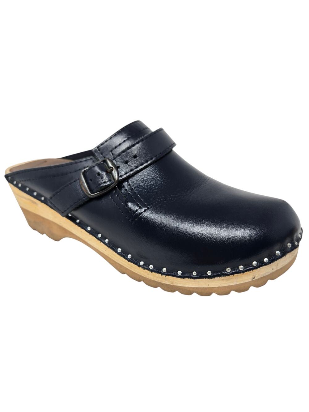 Troentorp Swedish Clogs Raphael Navy Blue Leather Womens Size EU 39 US 9 Wooden